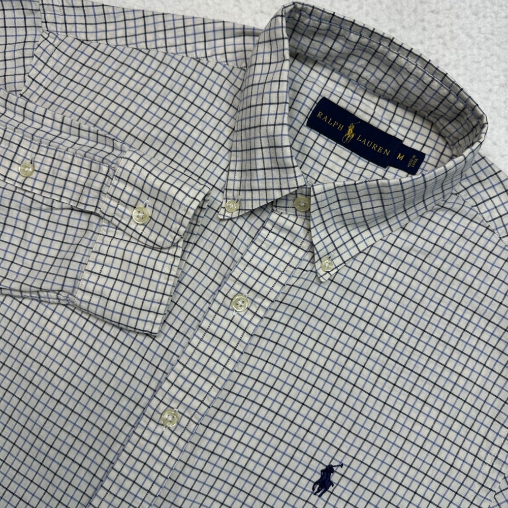 Ralph Lauren Button Down Shirt Mens M White Blue Black Check Long Sleeve‎ Cotton